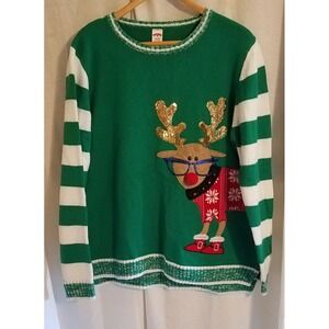 Holiday Time Green Ugly Sweater With‎ Rudolph and Sequined Antlers~Size XL 16-18